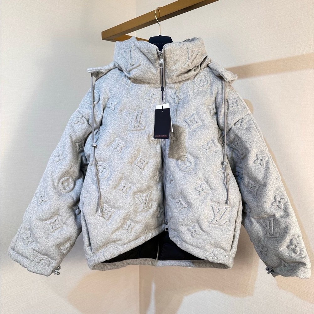 Louis Vuitton Light Gray Embossed Monogram Hooded Puffer Jacket